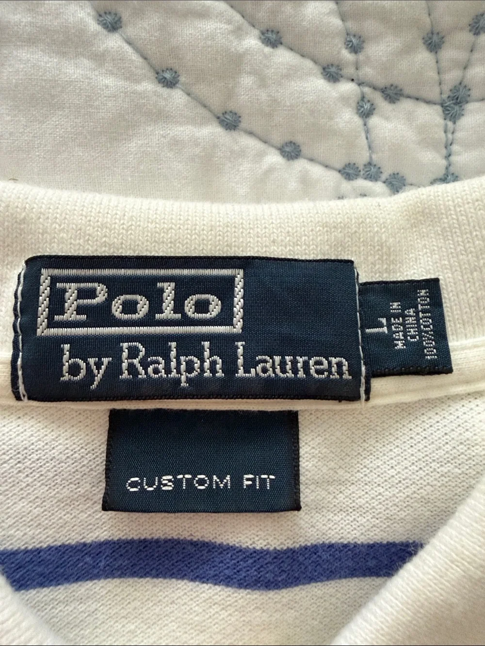 Polo by Ralph Lauren White Polo with Blue Stripes and Green Pony Men’s Custom L